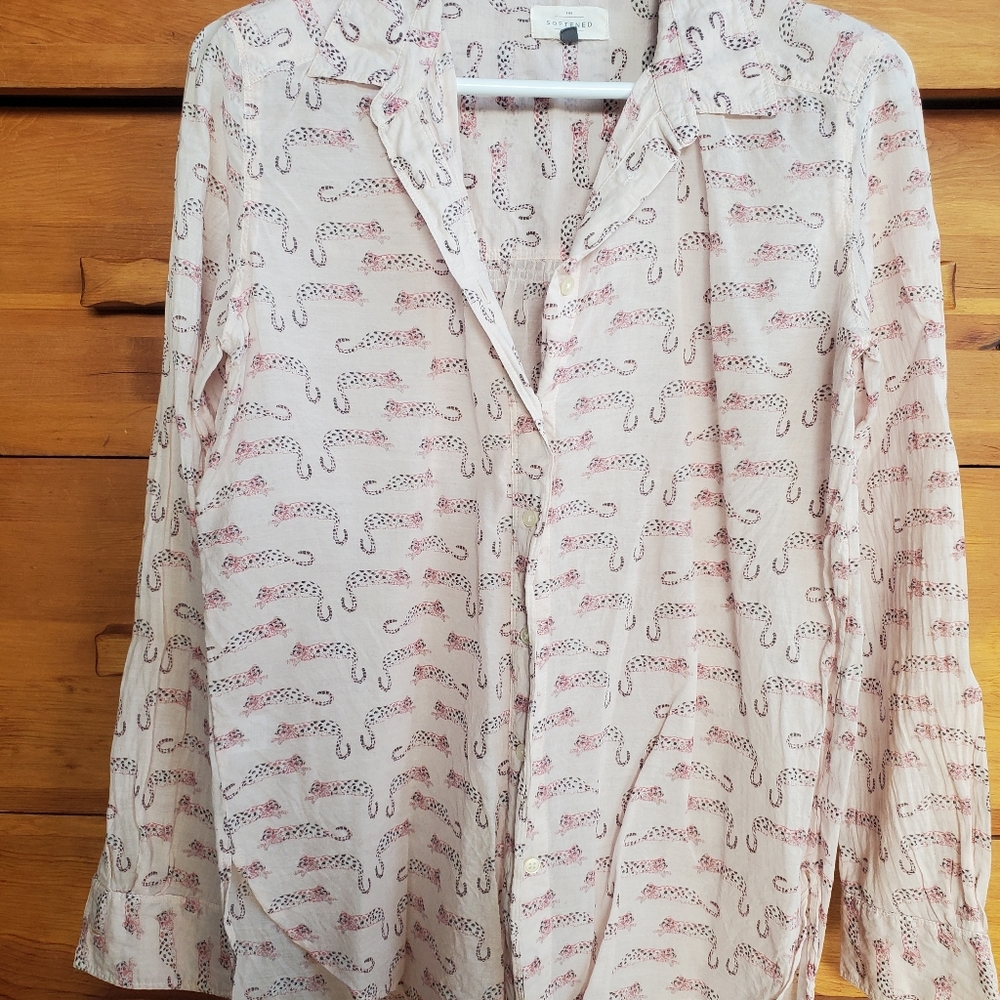 Button-up Tunic-length pink 'leopard' print, oversized, Pink/Gray, Small